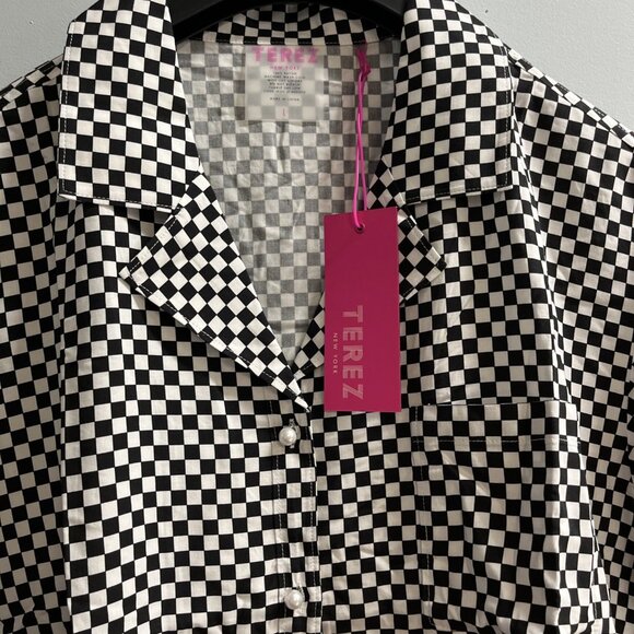 Terez Top Womens L White Black Check Button Front Cropped Shirt Racing Sporty - Picture 3 of 7